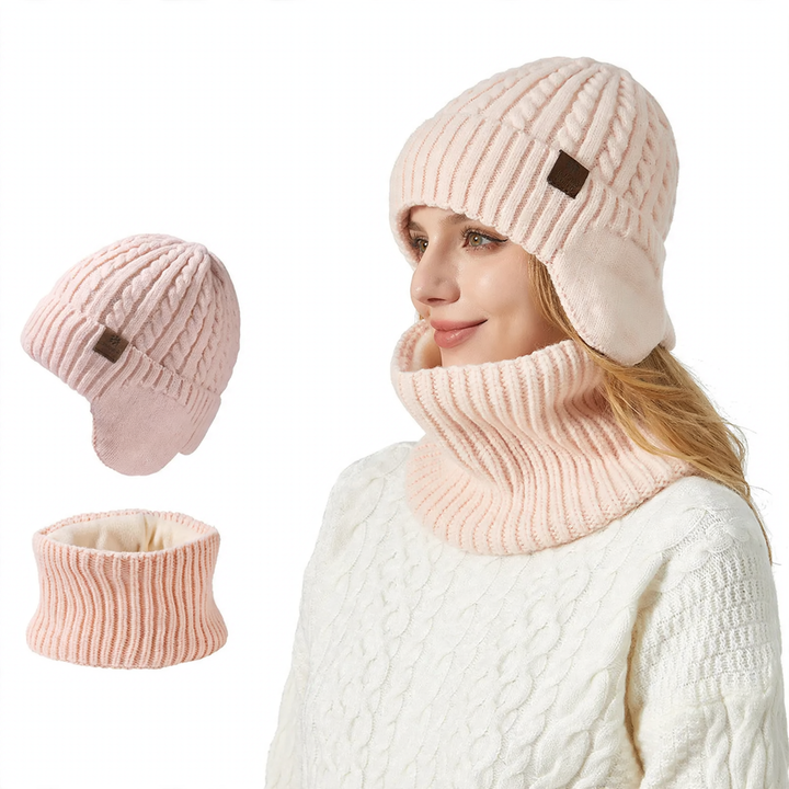 Unisex Strickmütze und Schal Set, warm, mit Ohrenschutz
