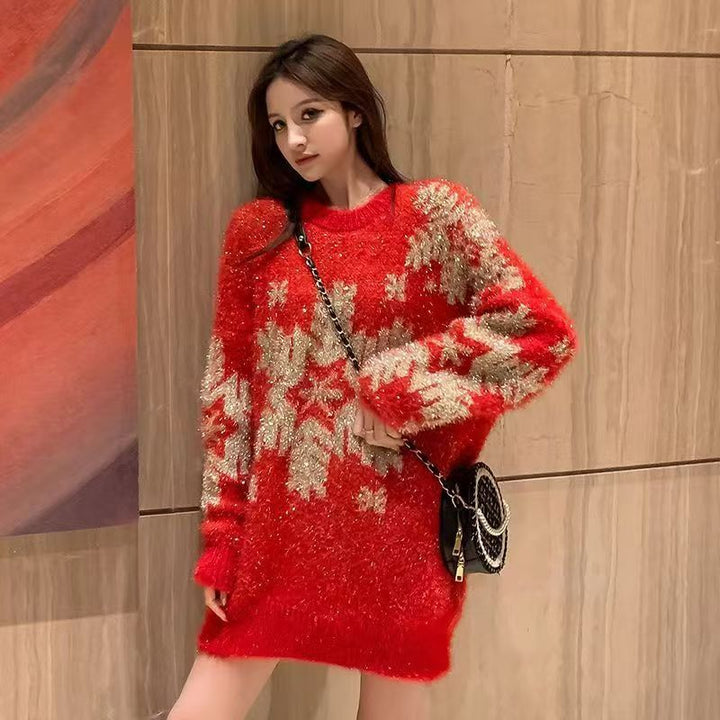 Damen-Strickpullover mit Weihnachtsmotiv, locker geschnitten