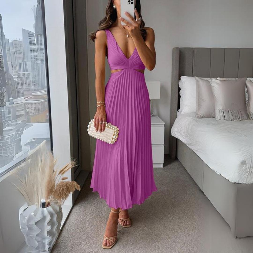 Echoarchiv | Midi Kleid Ärmellos V-Ausschnitt Twist Front & Cut Out Detail Plissierter Rock