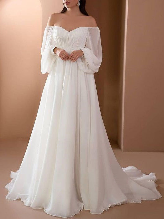 Romantisches Off-Shoulder Langarm Weißes Brautkleid für Hochzeit | Echoarchiv