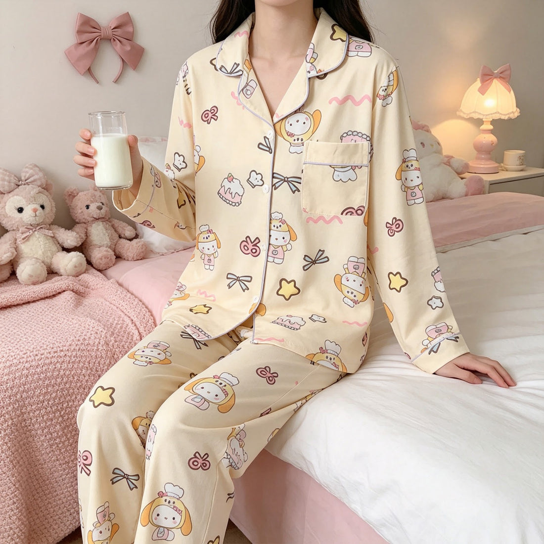 Damen-Pyjama-Set, Langarm, Herz-Muster, Freizeit-Stil