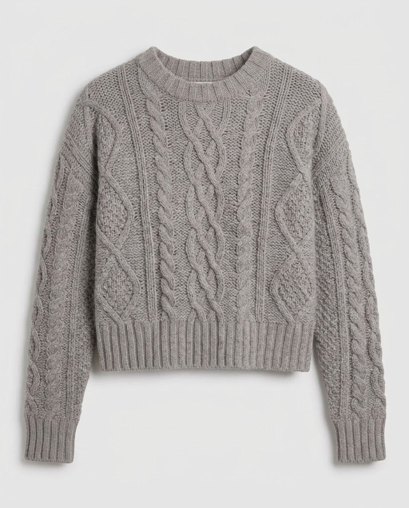 Damen Kaschmir‑Optik Zopfstrick‑Pullover mit Cropped‑Saum und voluminösen Ärmeln Echo Archiv