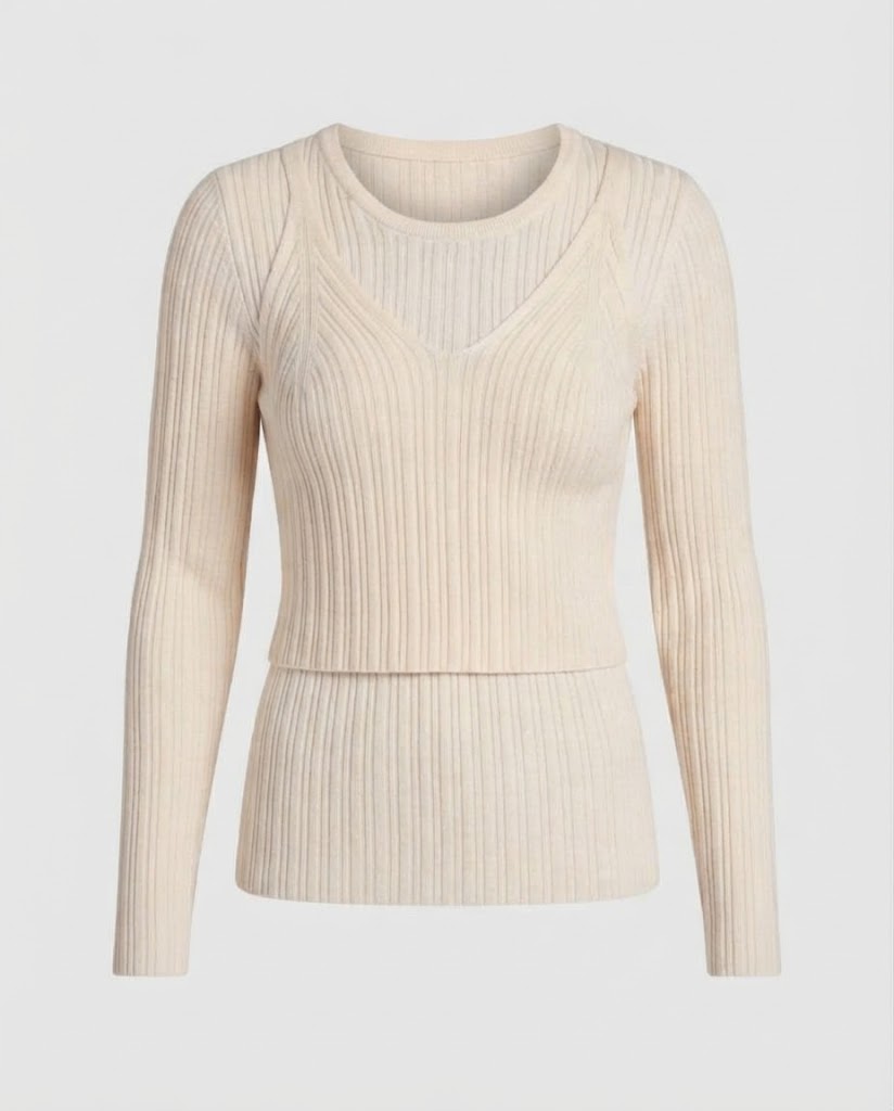 Damen Lagen-Look geripptes Feinstrick-Longsleeve mit integriertem Spaghettiträger-Cami Echo Archiv
