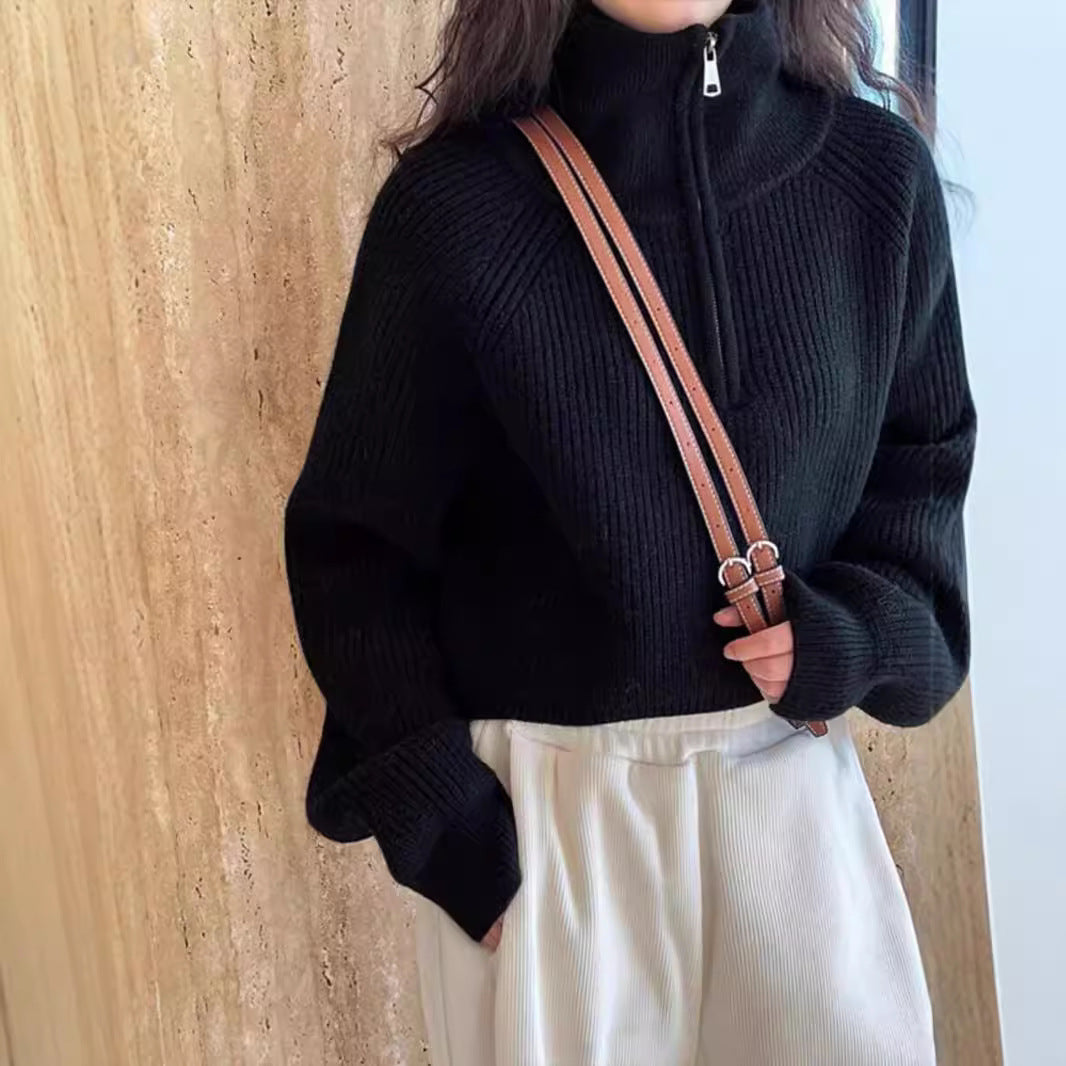 Amerikanischer Retro-Strickpullover mit halbem Reißverschluss