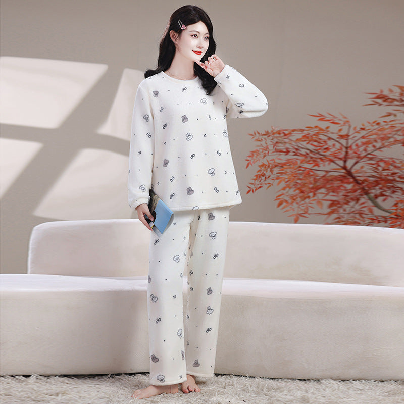 Damen-Pyjama-Set, Flanell und Korallenfleece, warm und locker