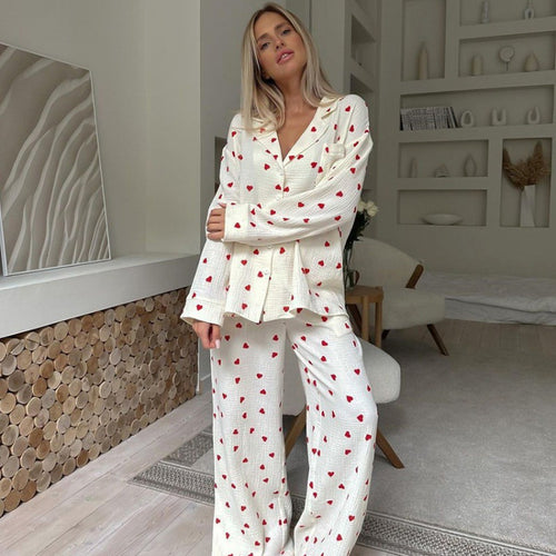 Damen-Pyjama-Set aus Baumwolle mit Herzmuster