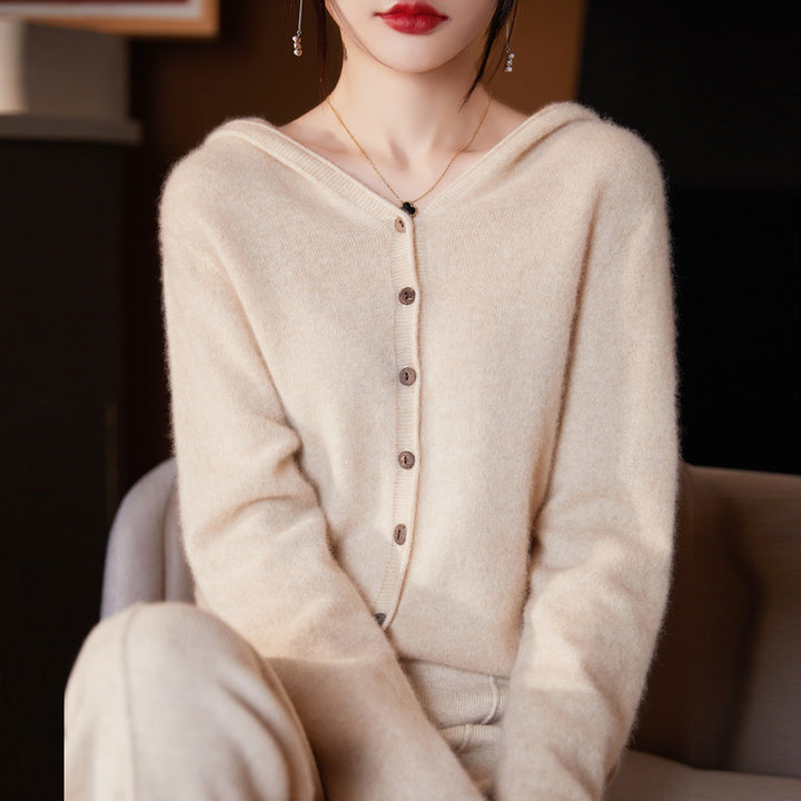 Damen-Strickjacke aus Merinowolle mit Kapuze