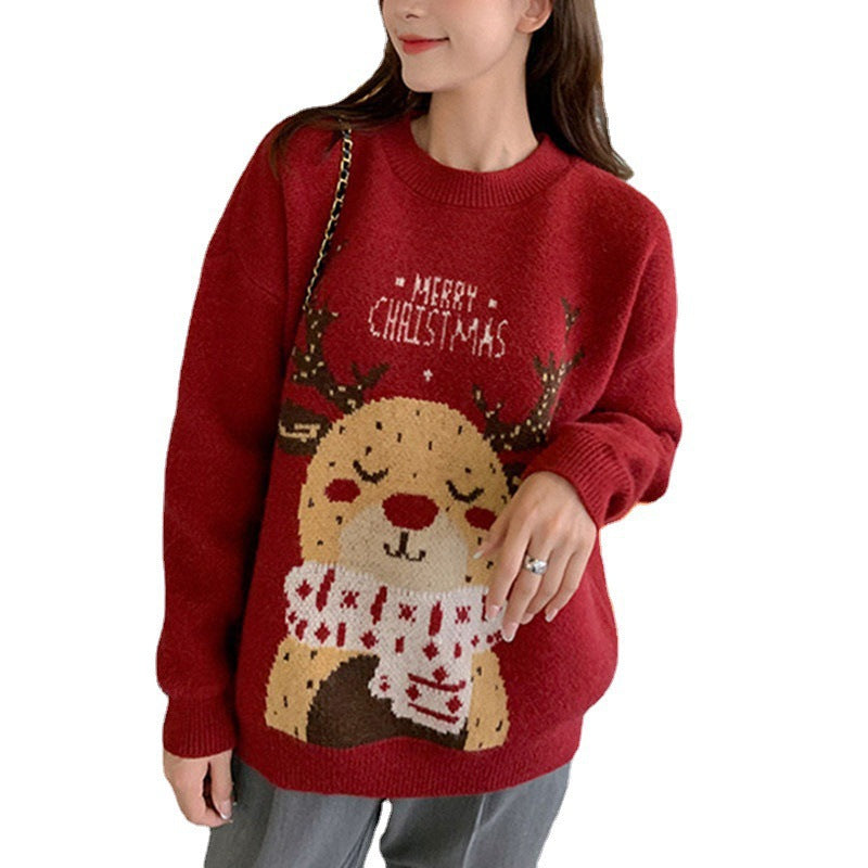 Lockerer Damen-Weihnachtspullover mit Rentier-Motiv