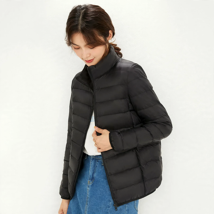 Leichte Daunenjacke für Damen, Stehkragen, weiß, Entendaune