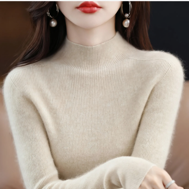 Damen-Kaschmirpullover, halbhoher Kragen, schmal geschnitten