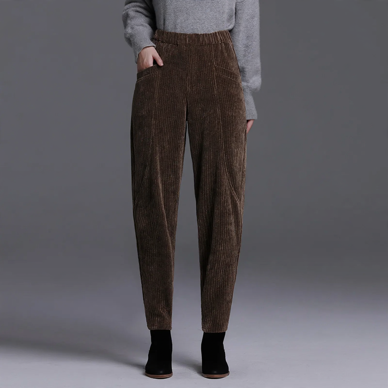 Damen-Cordhose, gefüttert, hoher Bund, Karottenschnitt