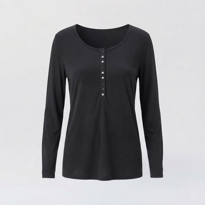 Damen Langärmliges Henley-Top aus weicher Viskosemischung mit Knopfleiste Echo Archiv