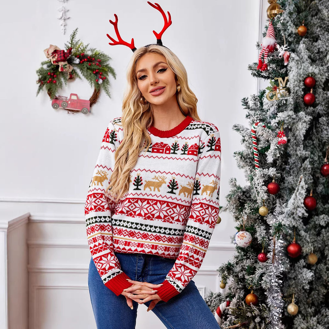 Strickpullover mit Rentier-Motiv im lässigen Stil