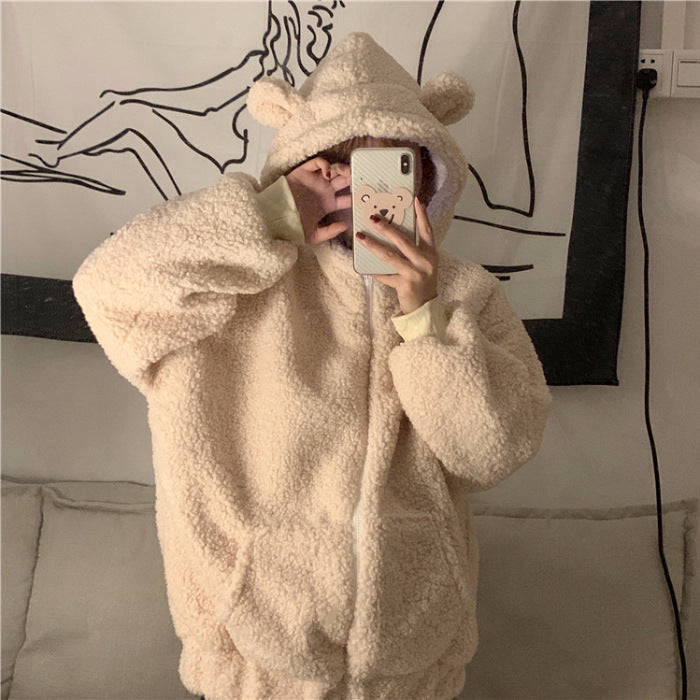 Flauschige Damenjacke mit Kapuze und Ohren-Applikation