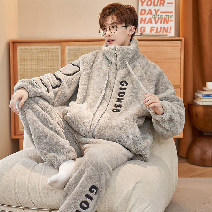 Herren-Pyjama-Set, Korallenfleece, gefüttert, warm