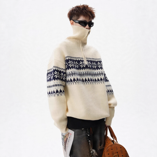 Unisex Strickpullover mit Stehkragen und Reißverschluss