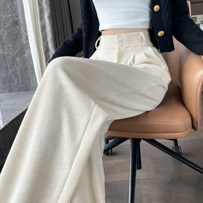 Chenille-Stoffhose mit hohem Bund, gerade geschnitten