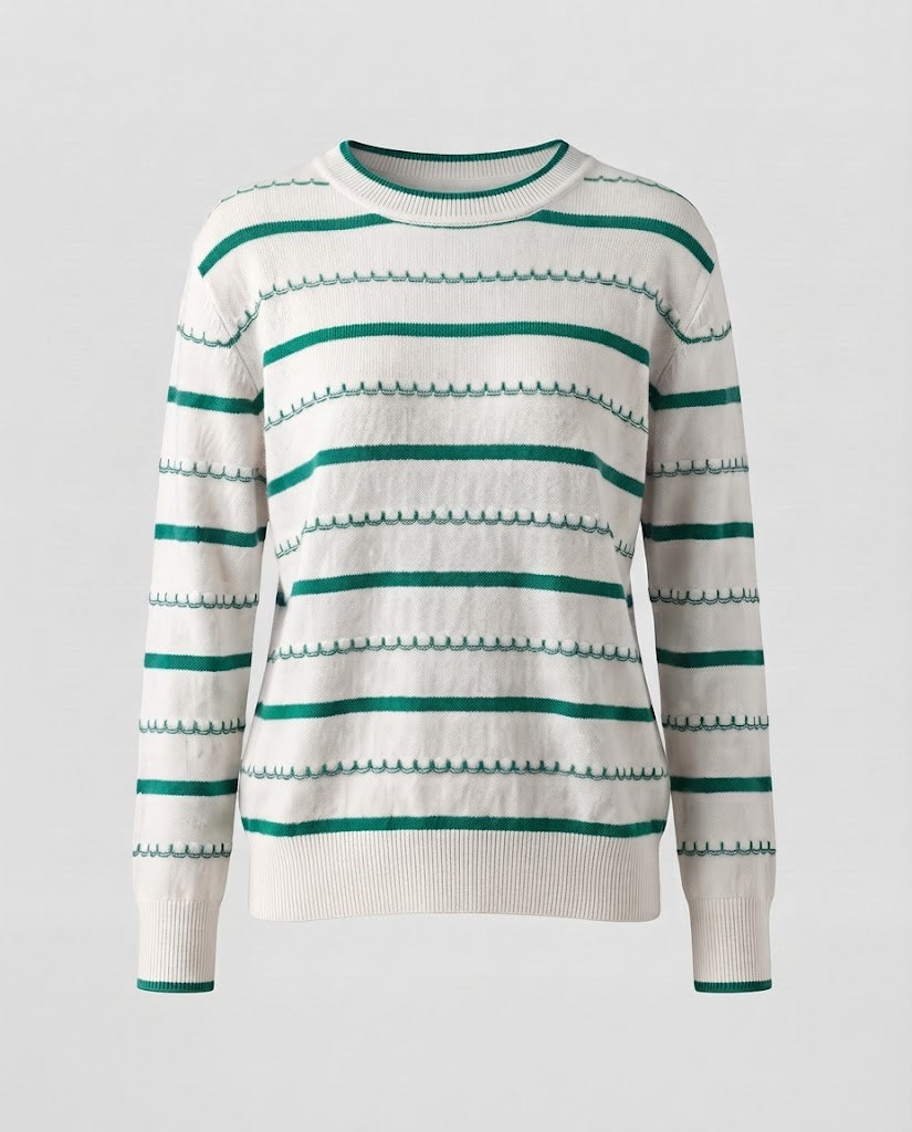 Damen Gestreifter Feinstrickpullover mit Ziernaht und Rundhalsausschnitt Echoarchiv
