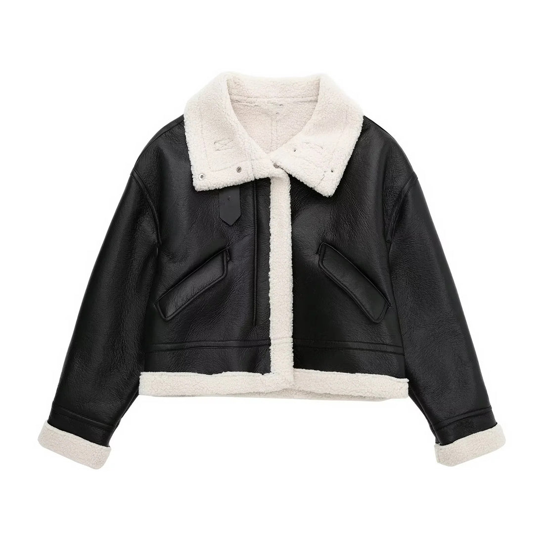 Gefütterte Kunstlederjacke mit Lammfell-Optik und Schnürung