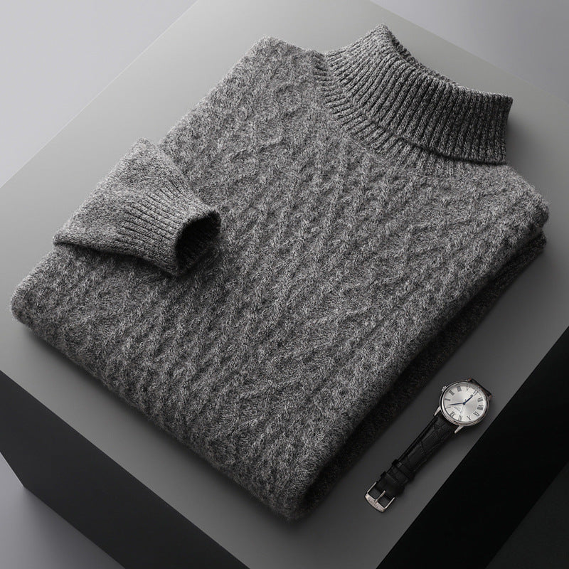 Herren-Wollpullover mit Reverskragen und Zopfmuster