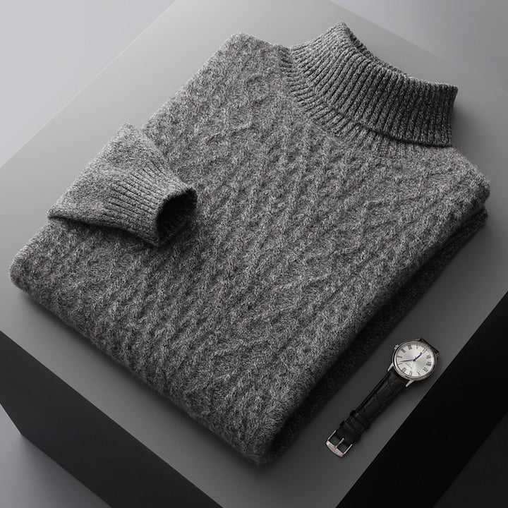 Herren-Wollpullover mit Reverskragen und Zopfmuster