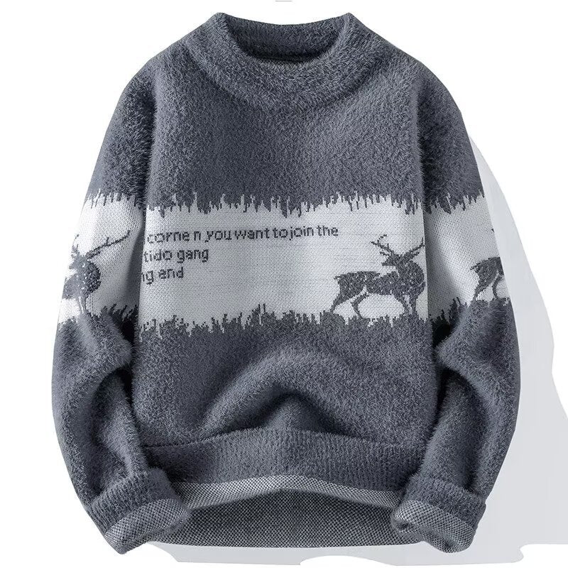 Herren-Strickpullover mit Rentier-Motiv und Stehkragen