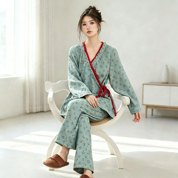Damen-Pyjama-Set im Kimono-Stil mit Blumenmuster
