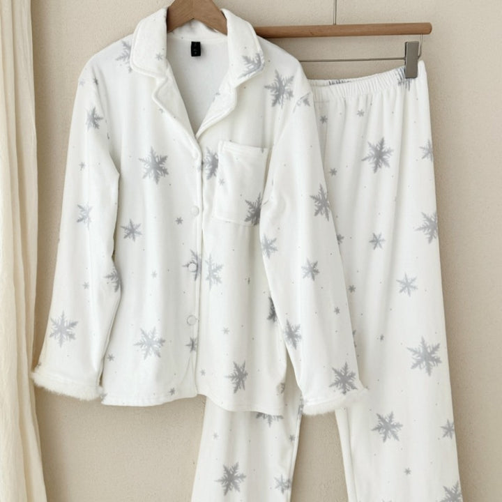 Damen-Pyjama mit Schneeflocken-Design, warmes Insel-Fleece