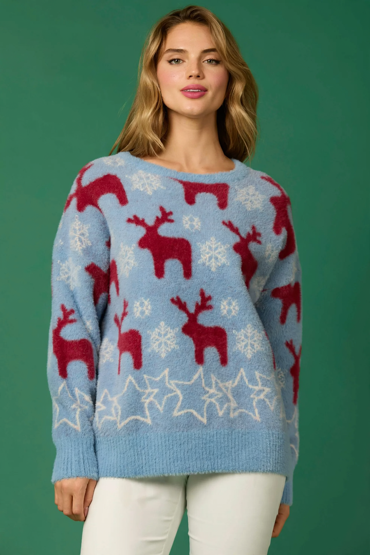 Damen-Weihnachtspullover mit Rentier- und Baum-Motiv