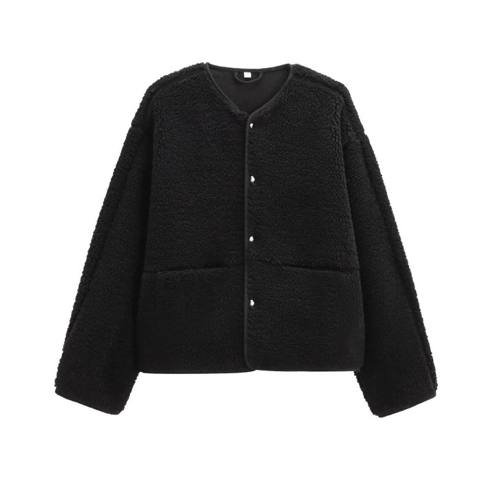 Damen Teddyfleece-Jacke, Rundhalsausschnitt, schlicht