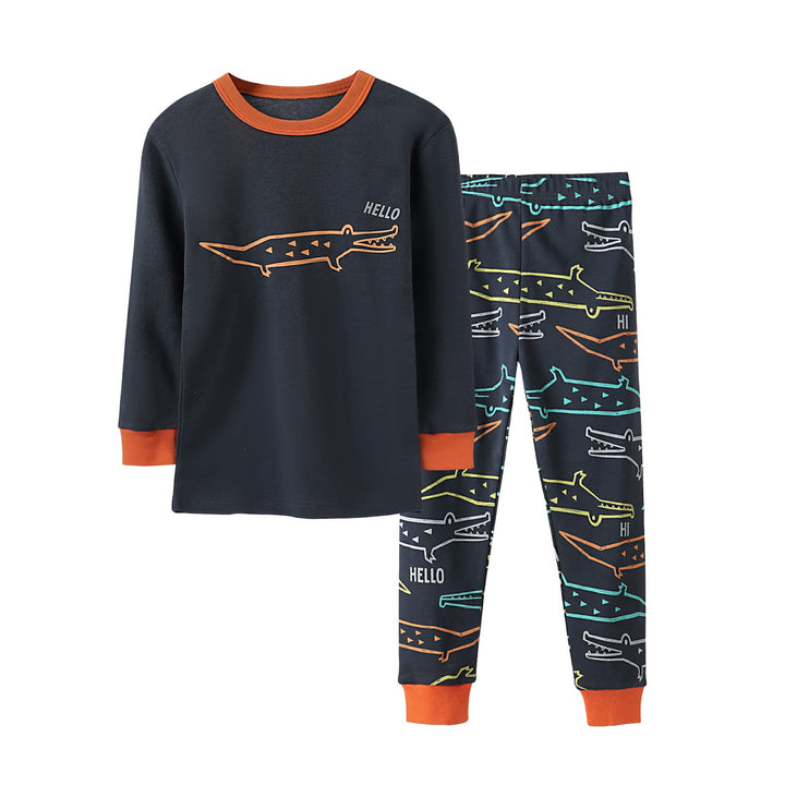 Kinder-Pyjama-Set, Langarm, Baumwoll-Rippstrick, Cartoon-Design
