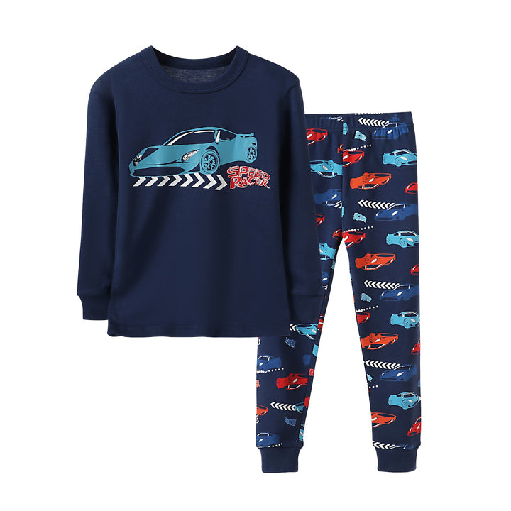 Kinder-Pyjama-Set, Langarm, Baumwoll-Rippstrick, Cartoon-Design