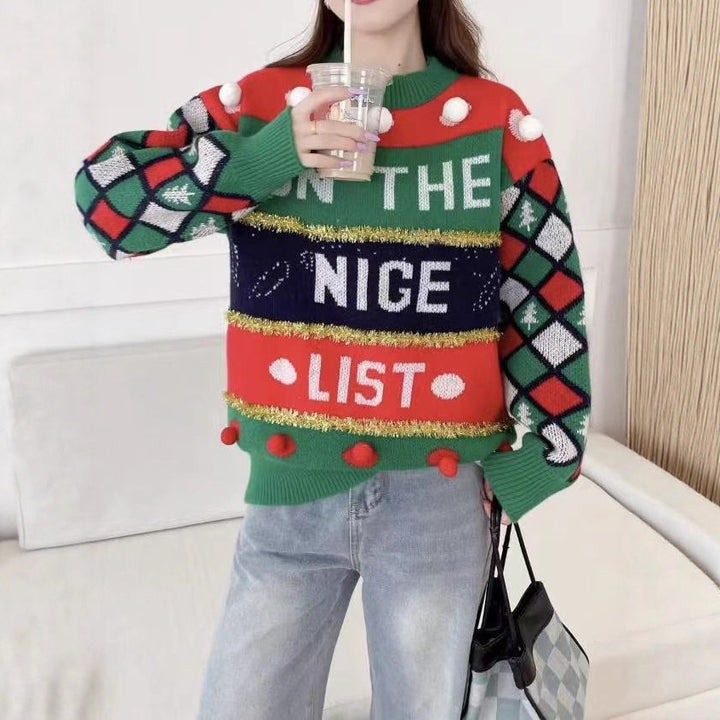 Damen-Weihnachtspullover mit Buchstaben-Jacquard und Goldstreifen