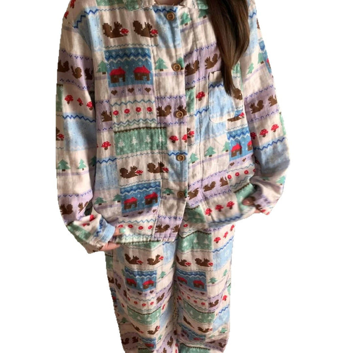 Damen-Pyjama-Set, langärmelig, mit Hütten-Druck