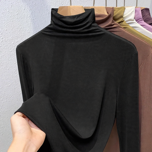 Damen-Langarm-Rollkragen-Shirt, gerippt und elastisch