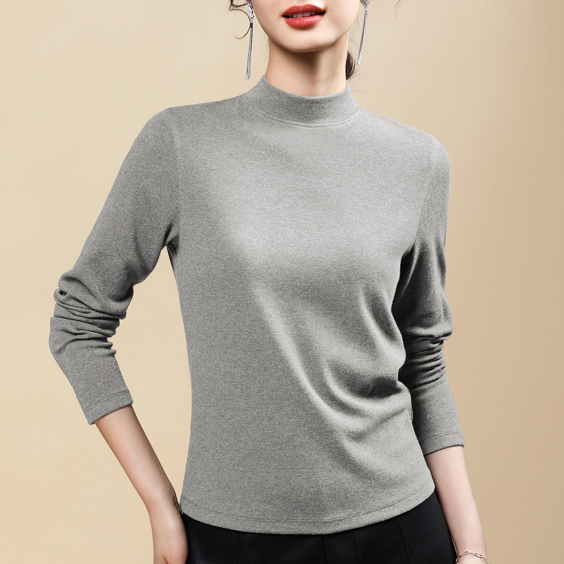 Damen-Langarmshirt aus Wollmischung mit Stehkragen