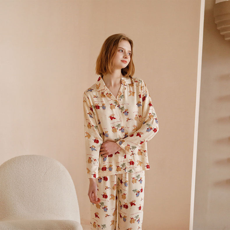 Damen-Pyjama-Set, Satin-Optik, Weihnachtshasen-Druck