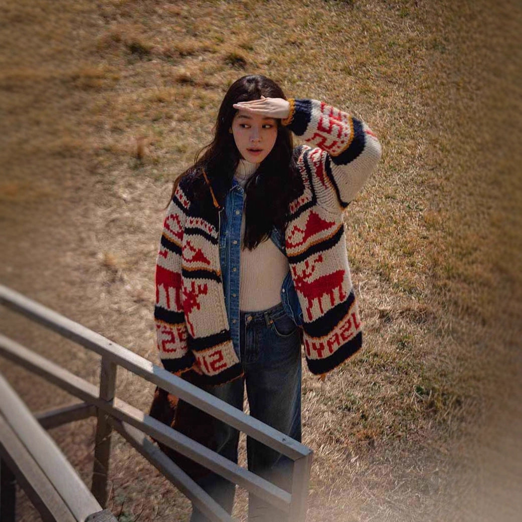 Damen Strickjacke im koreanischen Stil mit Rentier-Motiv