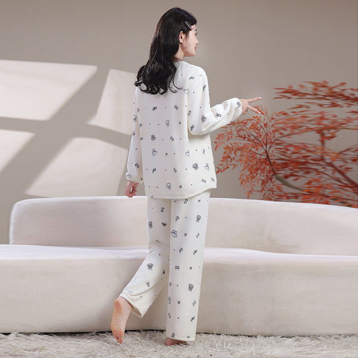 Damen-Pyjama-Set, Flanell und Korallenfleece, warm und locker