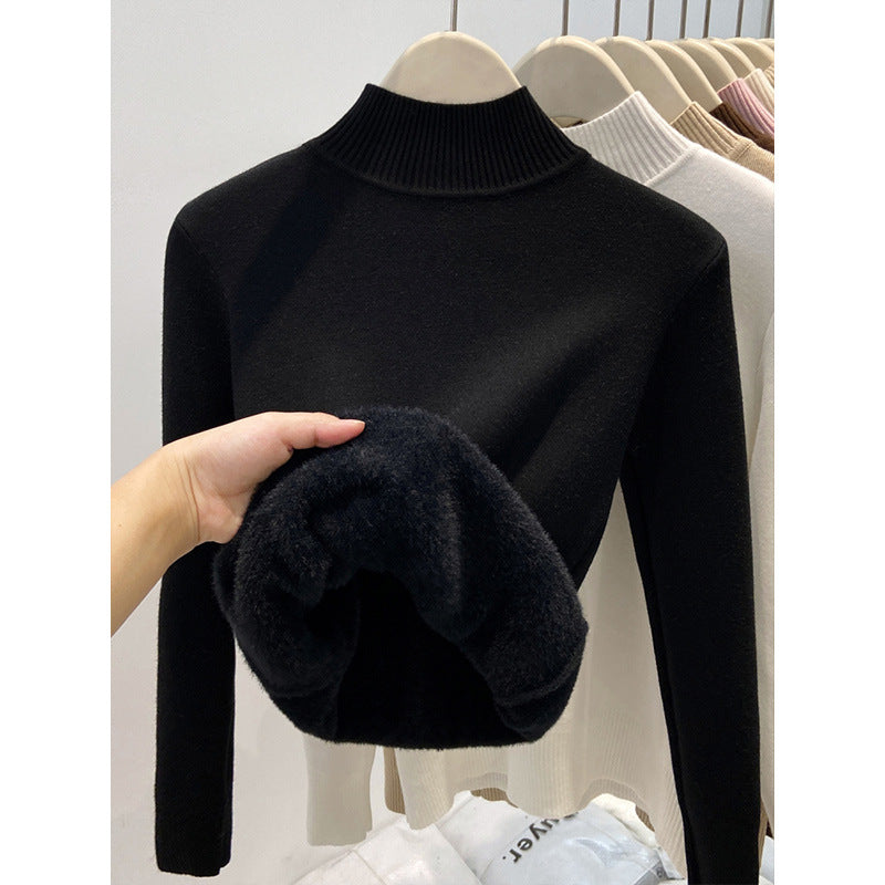 Gefütterter Damen-Strickpullover mit hohem Kragen