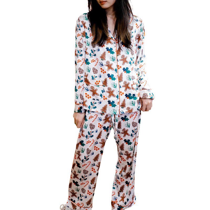 Damen-Pyjama-Set, Seidenoptik, Langarm, Weihnachtsmotiv