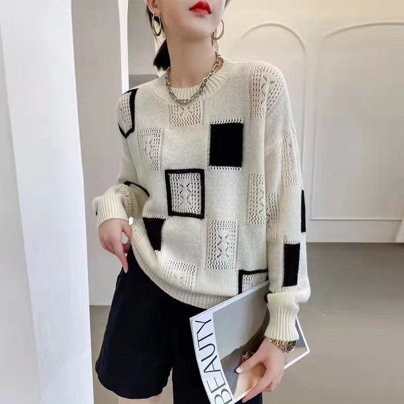 Damen-Strickpullover, kariert, Rundhalsausschnitt