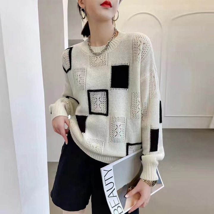 Damen-Strickpullover, kariert, Rundhalsausschnitt