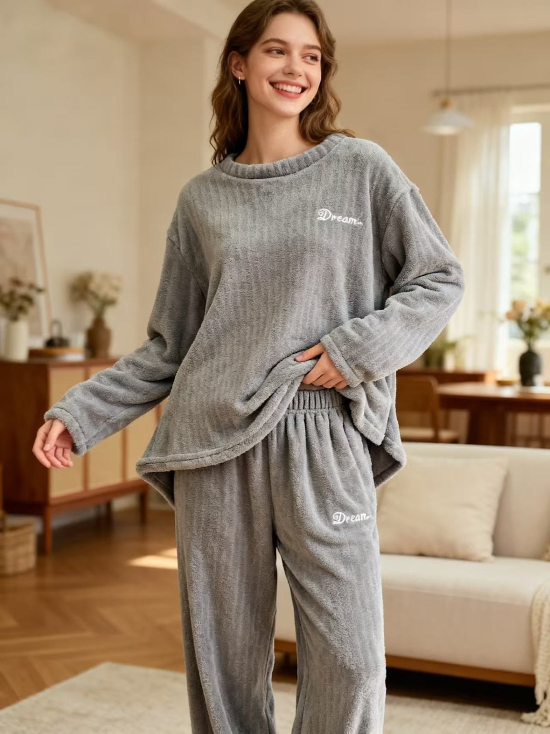 Warmer Korallenfleece-Schlafanzug, langärmelig, bedruckt