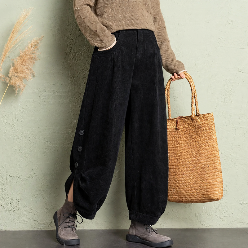 Gefütterte Cord-Hose für Damen, weiter Schnitt, Winter
