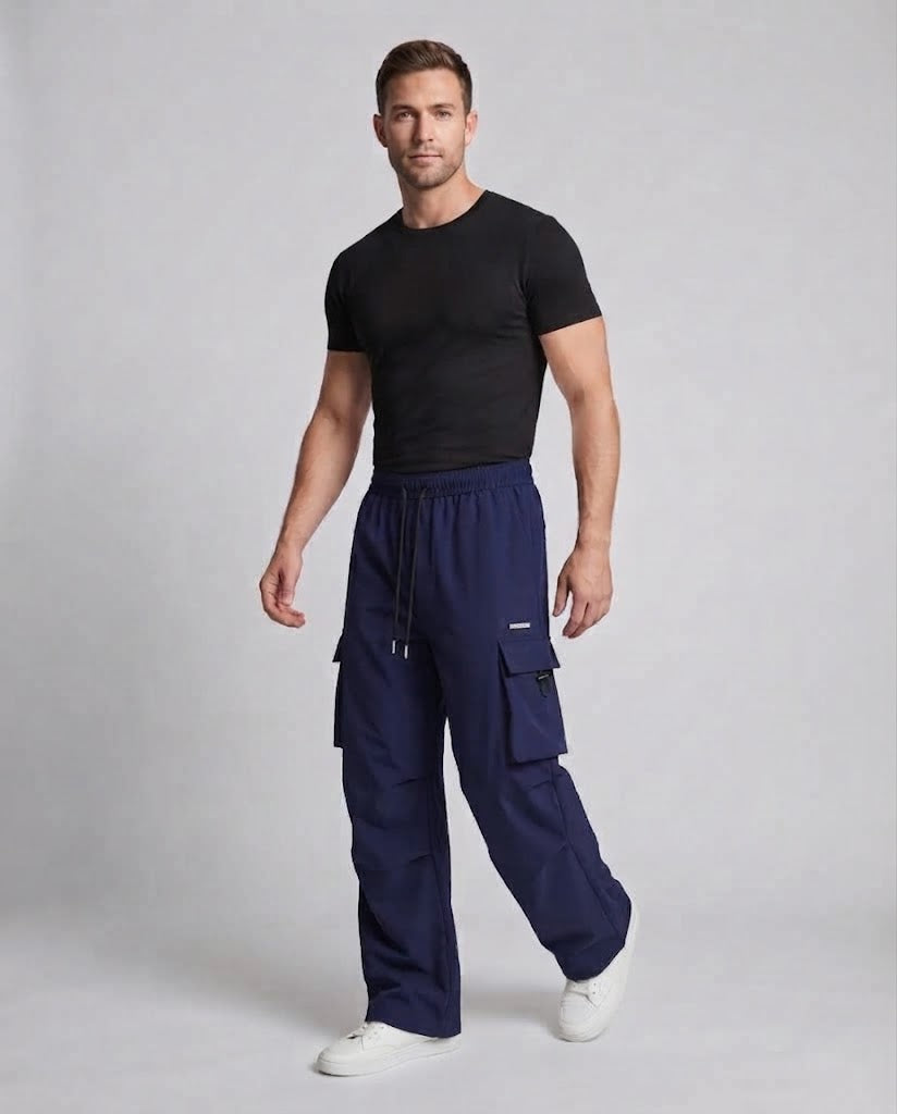 Herren Freizeit Cargo-Baggy-Hosen mit Kordelzug, multifunktionale Taschen und geradem Bein Echoarchiv