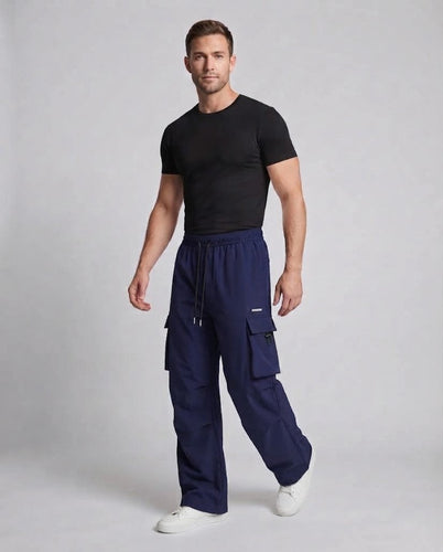 Herren Freizeit Cargo-Baggy-Hosen mit Kordelzug, multifunktionale Taschen und geradem Bein Echoarchiv