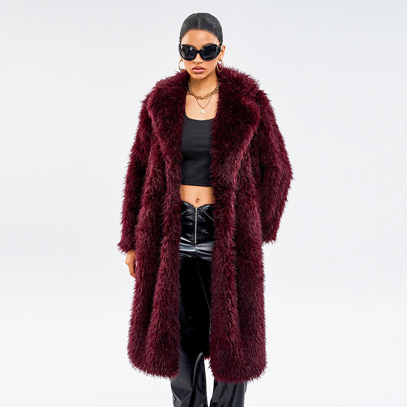 Langer Damen-Kunstpelzmantel im Schneefuchs-Look