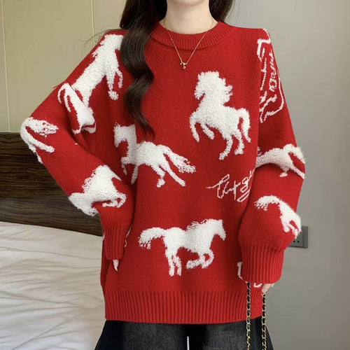 Roter Damen-Strickpullover mit Pferdestickerei