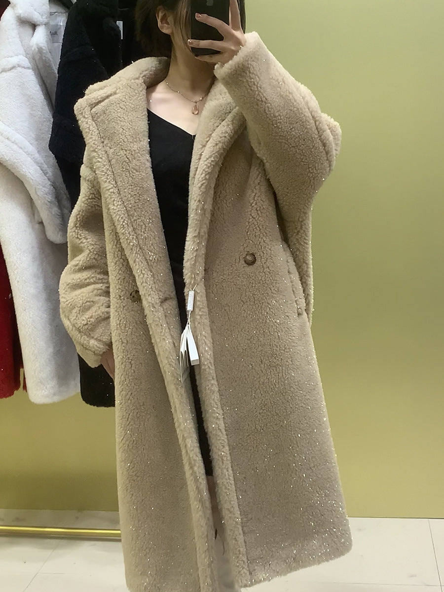 Teddy-Mantel mit Glanzeffekt, mittellang, Damen